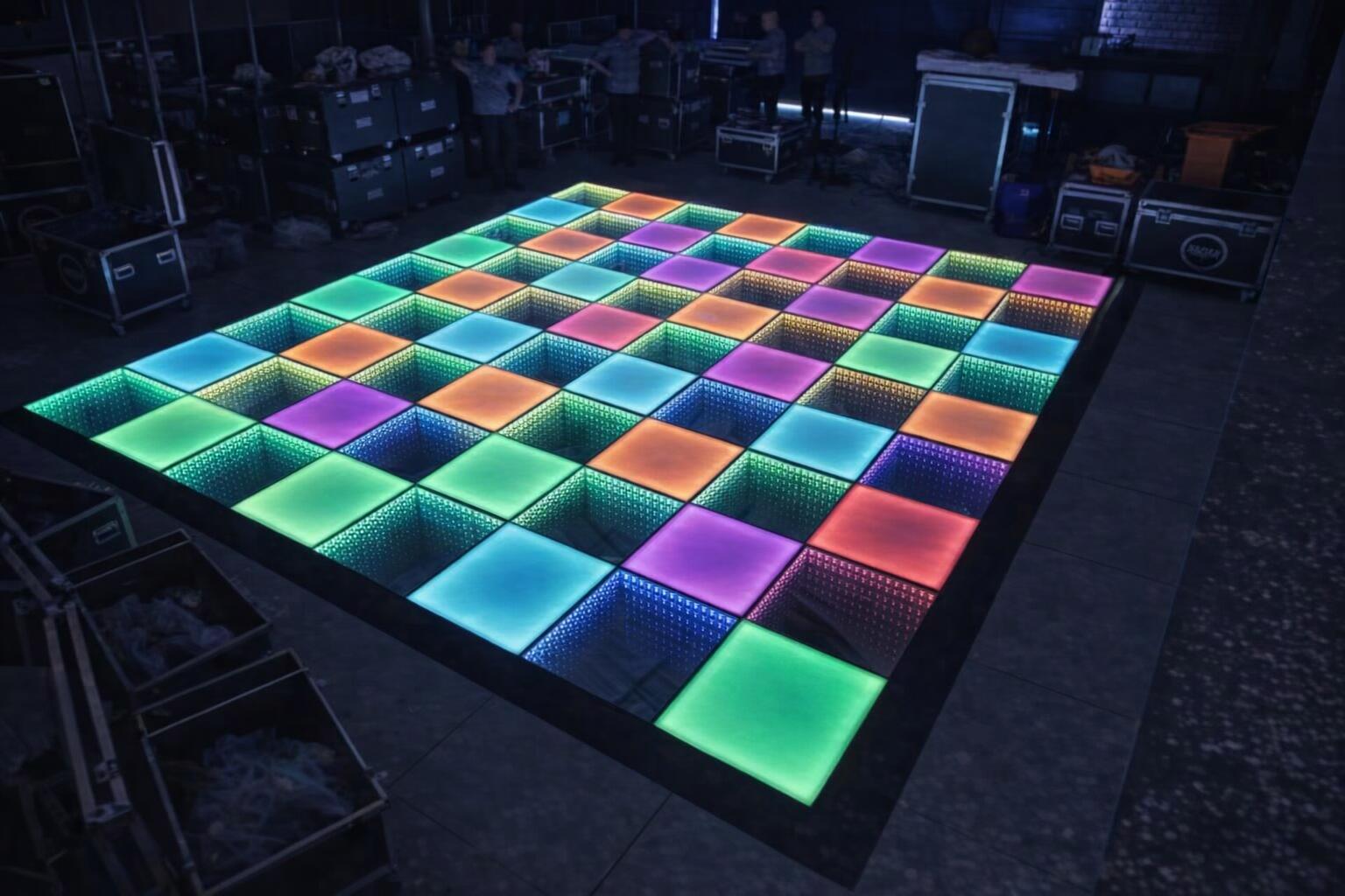 A vibrant LED dance floor illuminating a modern event space in Seoul.