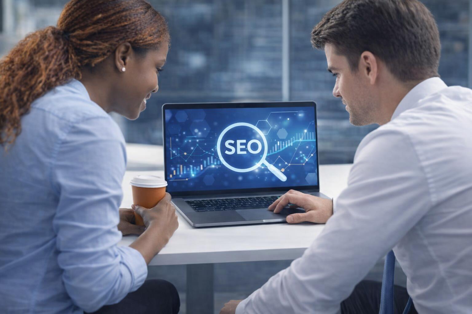 A seasoned SEO mentor sharing insights with a diverse group of marketers.