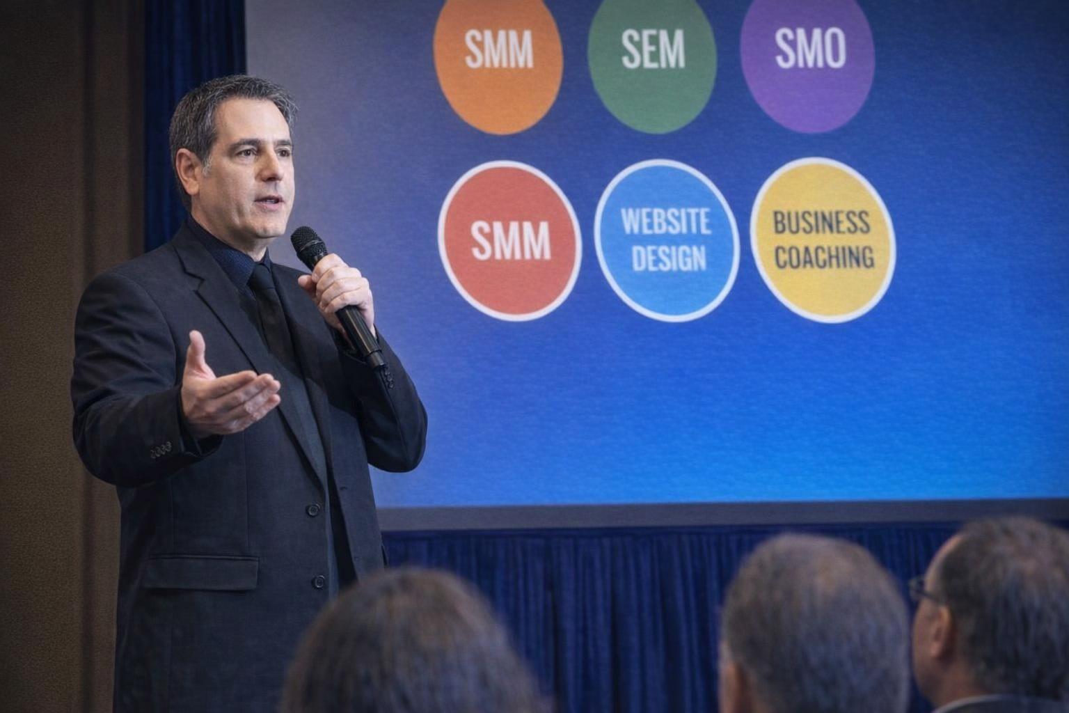 A small business owner receiving personalized digital marketing guidance from an SEO coach.