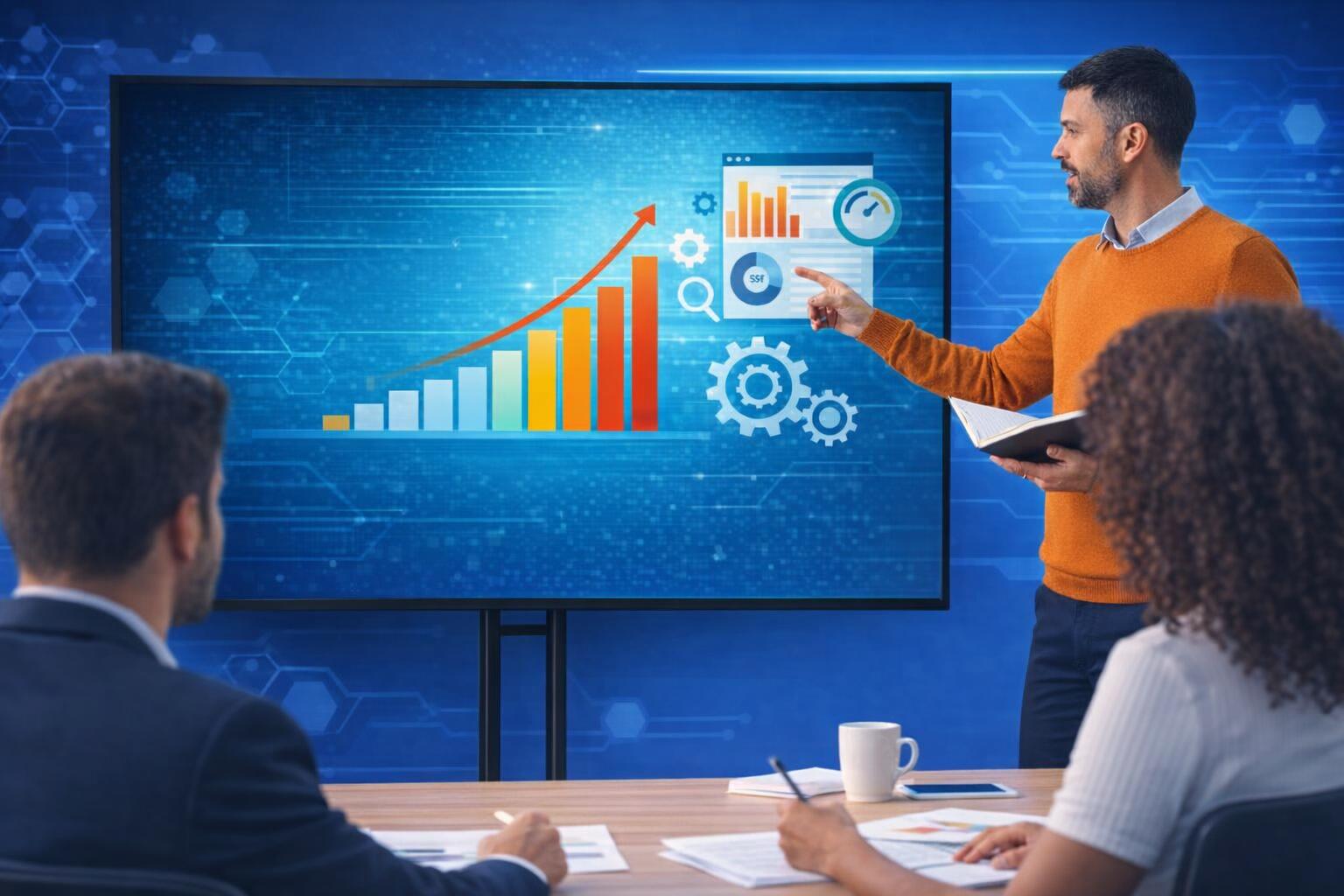 Classroom setting with students learning search engine optimization techniques.