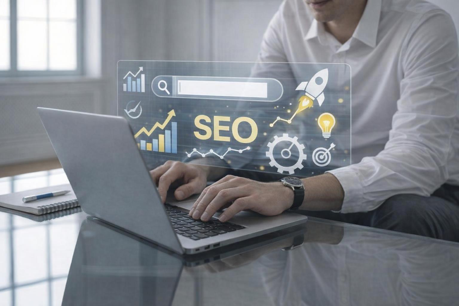 Specialist explaining strategies to enhance online presence and visibility.