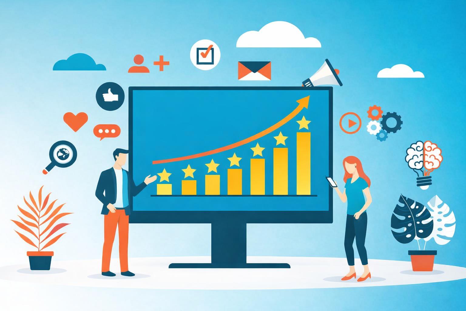 Specialist discussing strategies to improve online reputation with attentive clients.