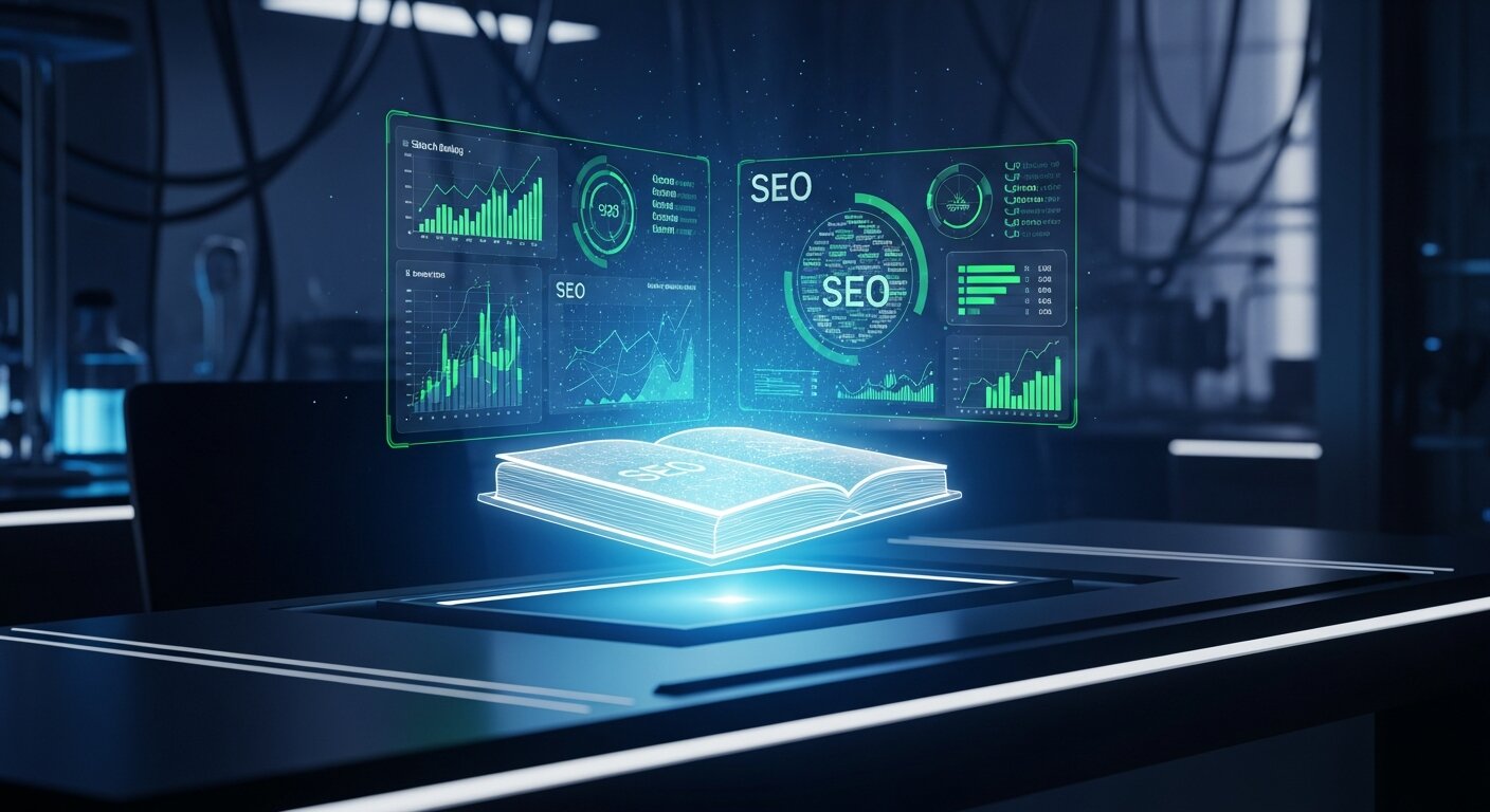 A mentor guiding a client through a comprehensive SEO instructional manual.