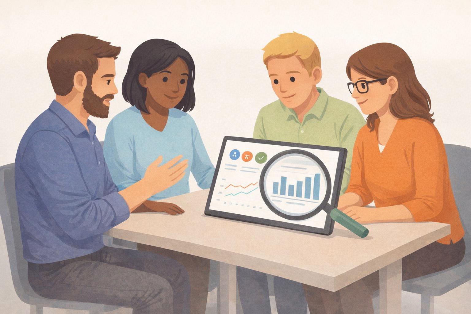 A mentor demonstrating how to compile and interpret SEO data reports.