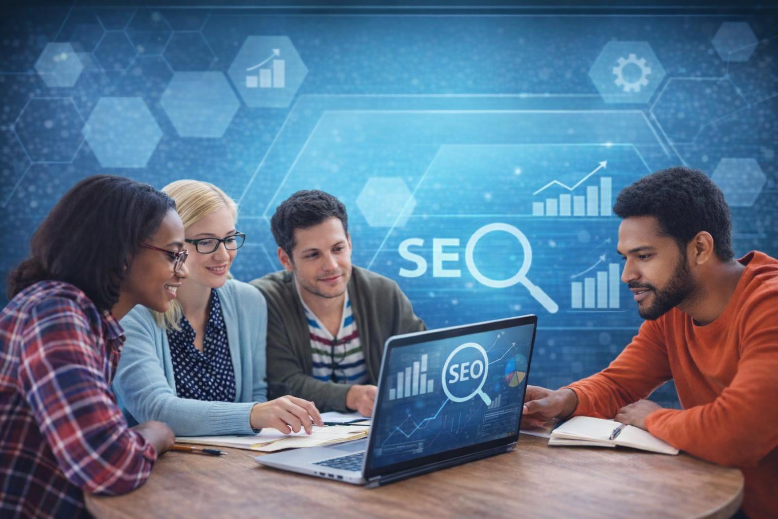 A mentor guiding a group through search engine optimization techniques.
